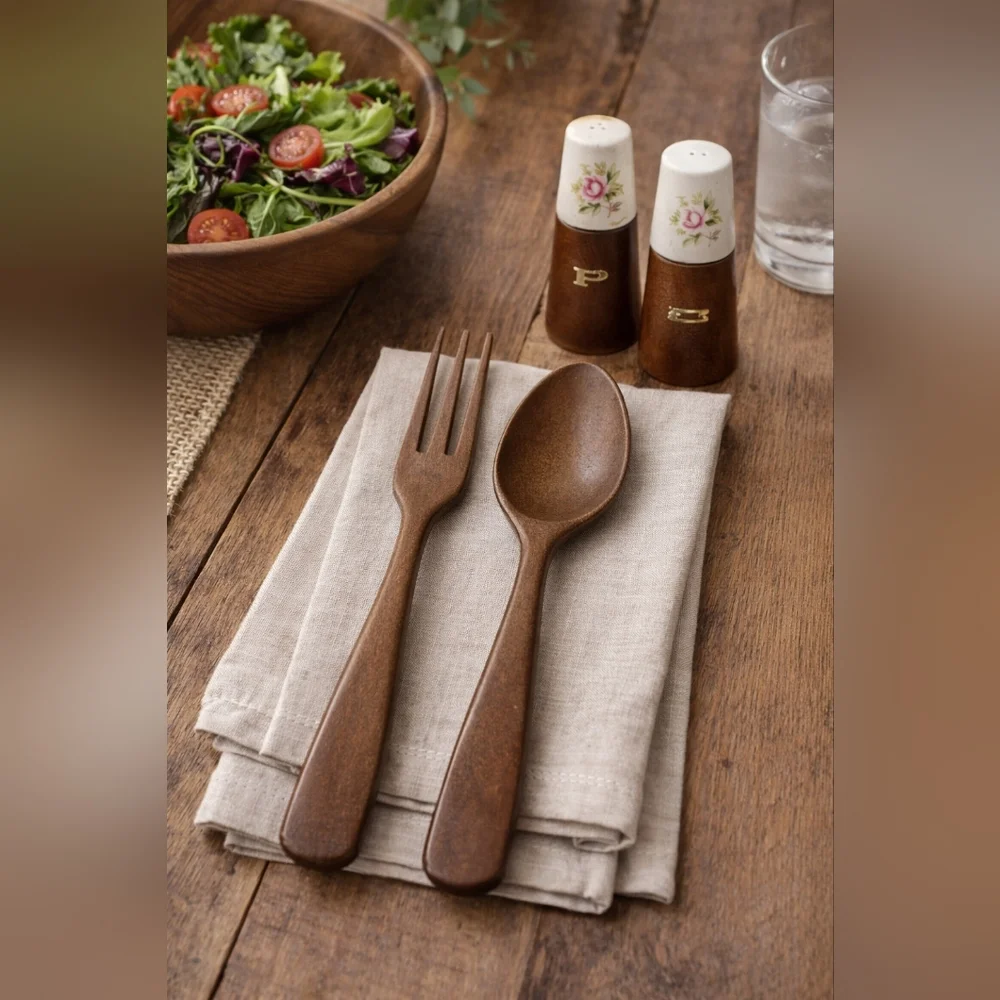 Vintage Mid Century Wood Salad Serving Set w/ Salt & Pepper Shakers Floral Ceram
